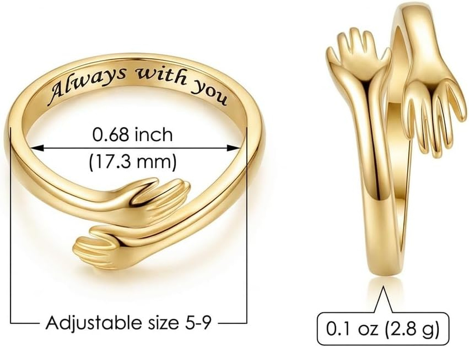 Women’s Adjustable Gold Plated Hug Ring Engraved Open Band Jewelry Sentimental