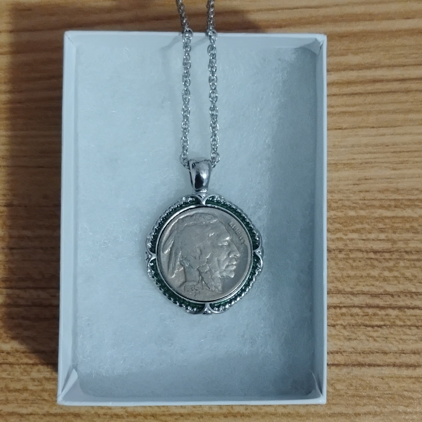 Silver Metal Coin Pendant Buffalo nickel head Necklace 24in Rope Chain Clasp