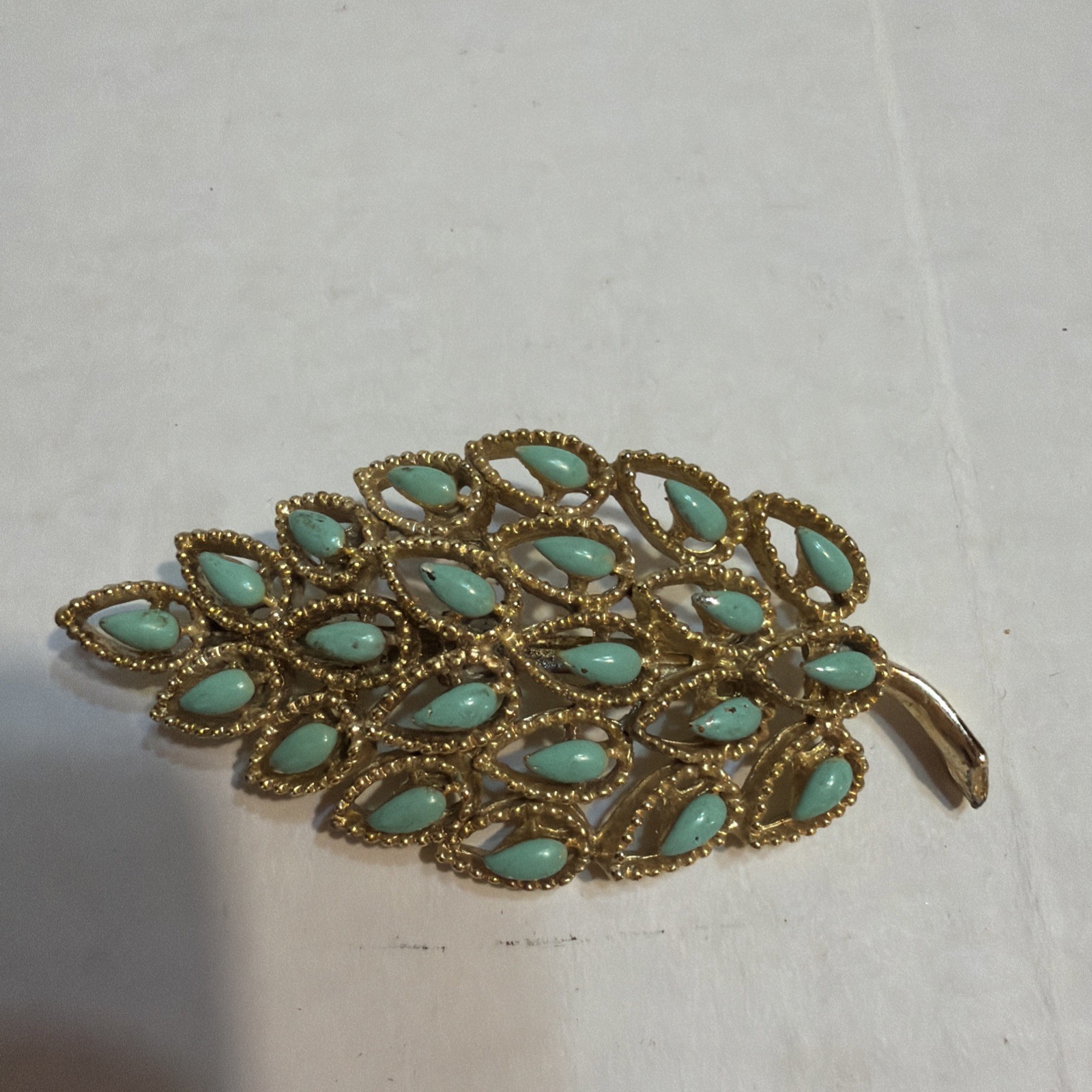 Gerry’s Gold Tone Leaf Brooch Turquoise Accent Leaves Vintage 1960’s Ship 5.00