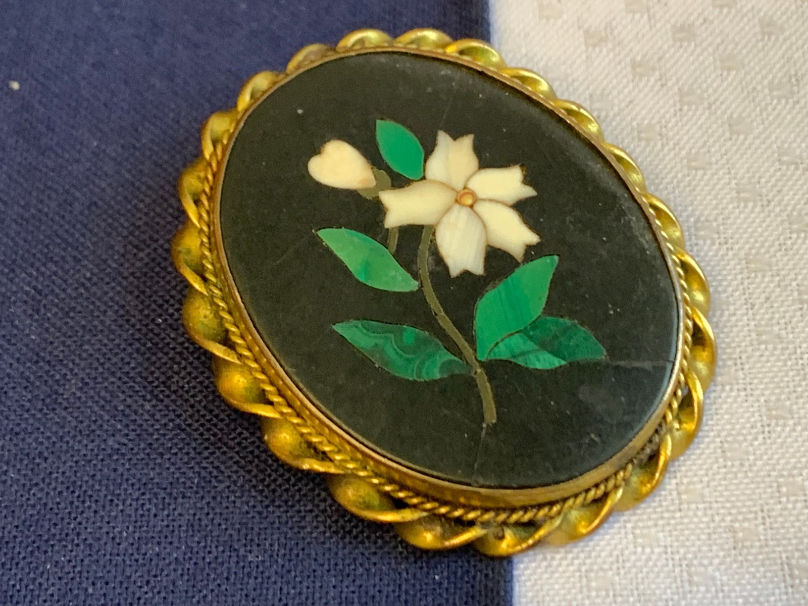 Antique Pietra Dura Brooch Costume Jewelry White Flower Floral Stone Inlay Pin