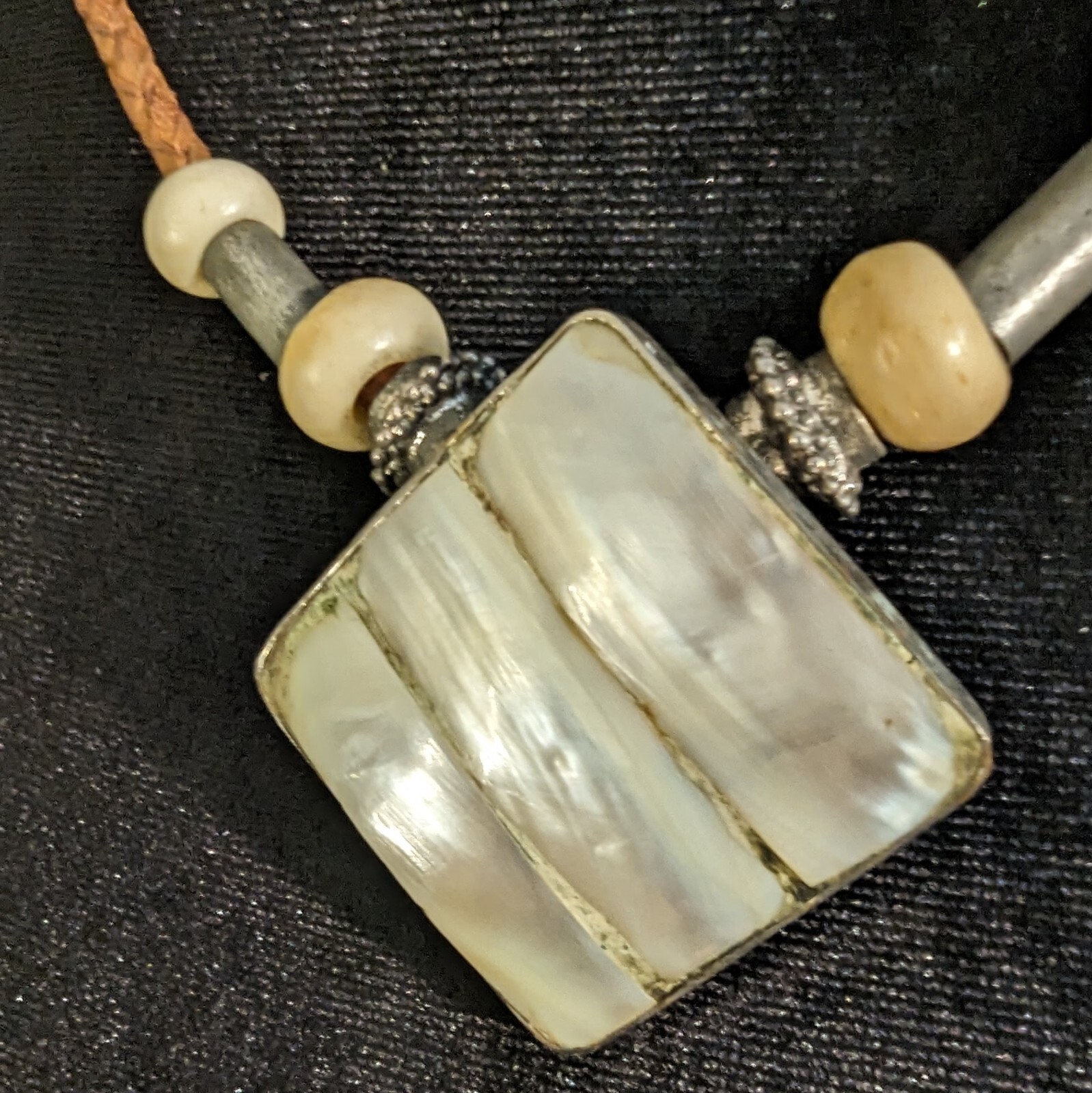 Artisan Braided Leather Cord Bone Beads Large Mother of Pearl Medallion Choker