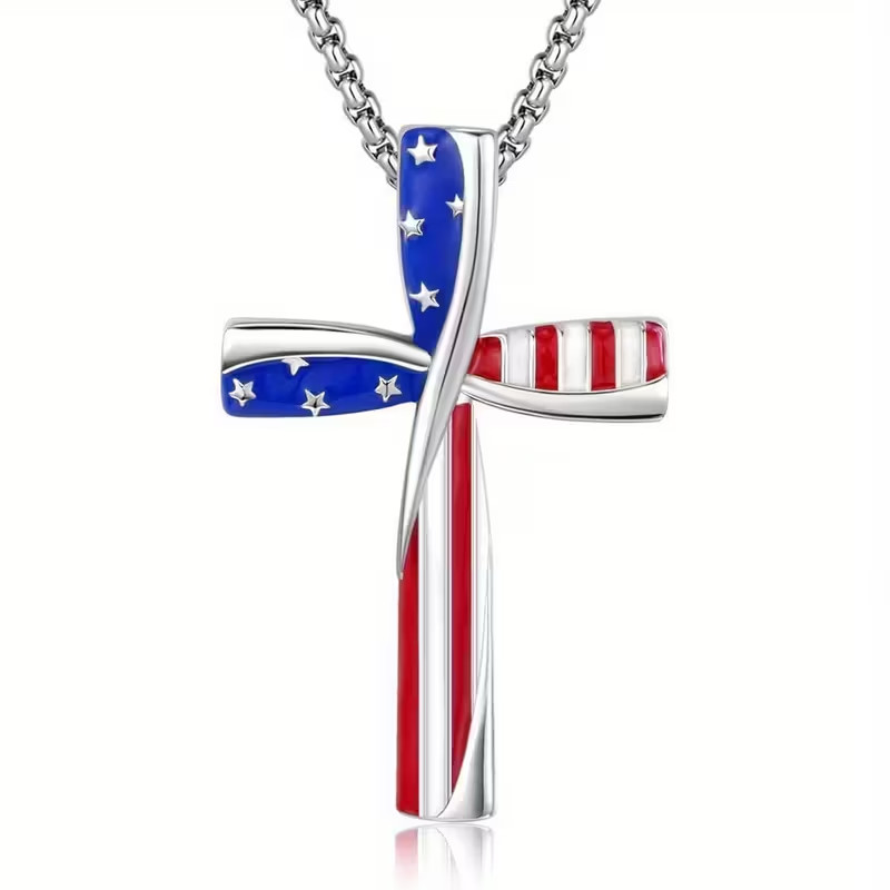 Patriotic American Flag Cross Necklace-Silver Tone Finish-Eye Catching Accessory