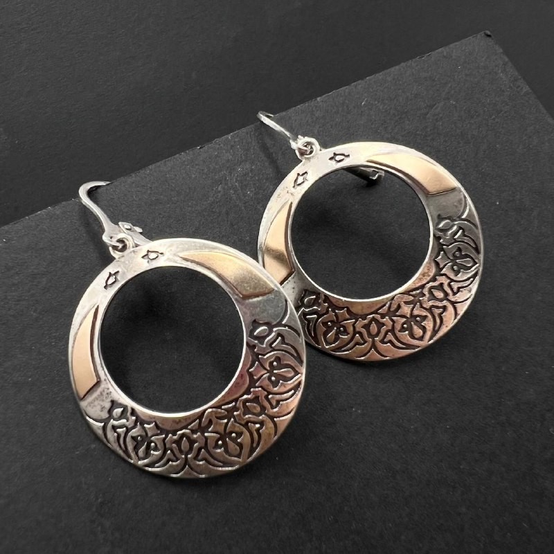 Vintage Women’s Jewelry 925 Silver 14K Gold Hoop Earrings Floral Engraved 8.6gr