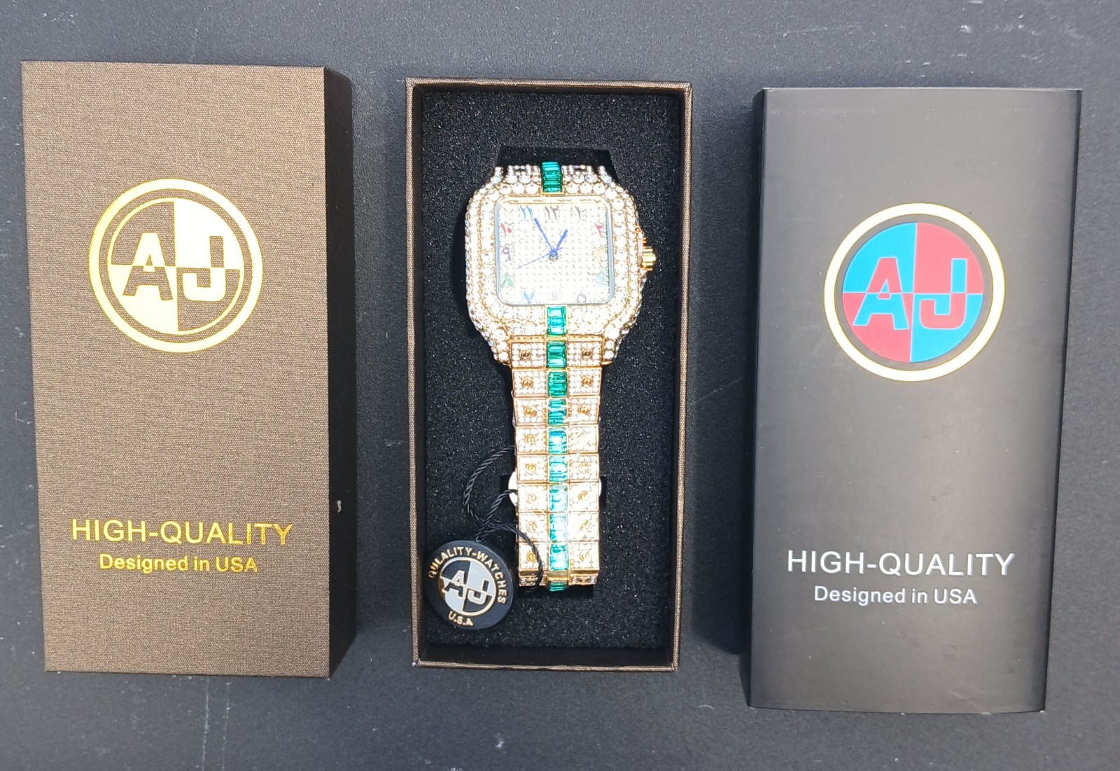AJ ACCESSORIES 43MM ICED OUT GOLD WATCH WITH GREEN VVSCZ CRYSTALS ARABIC NUMBERS