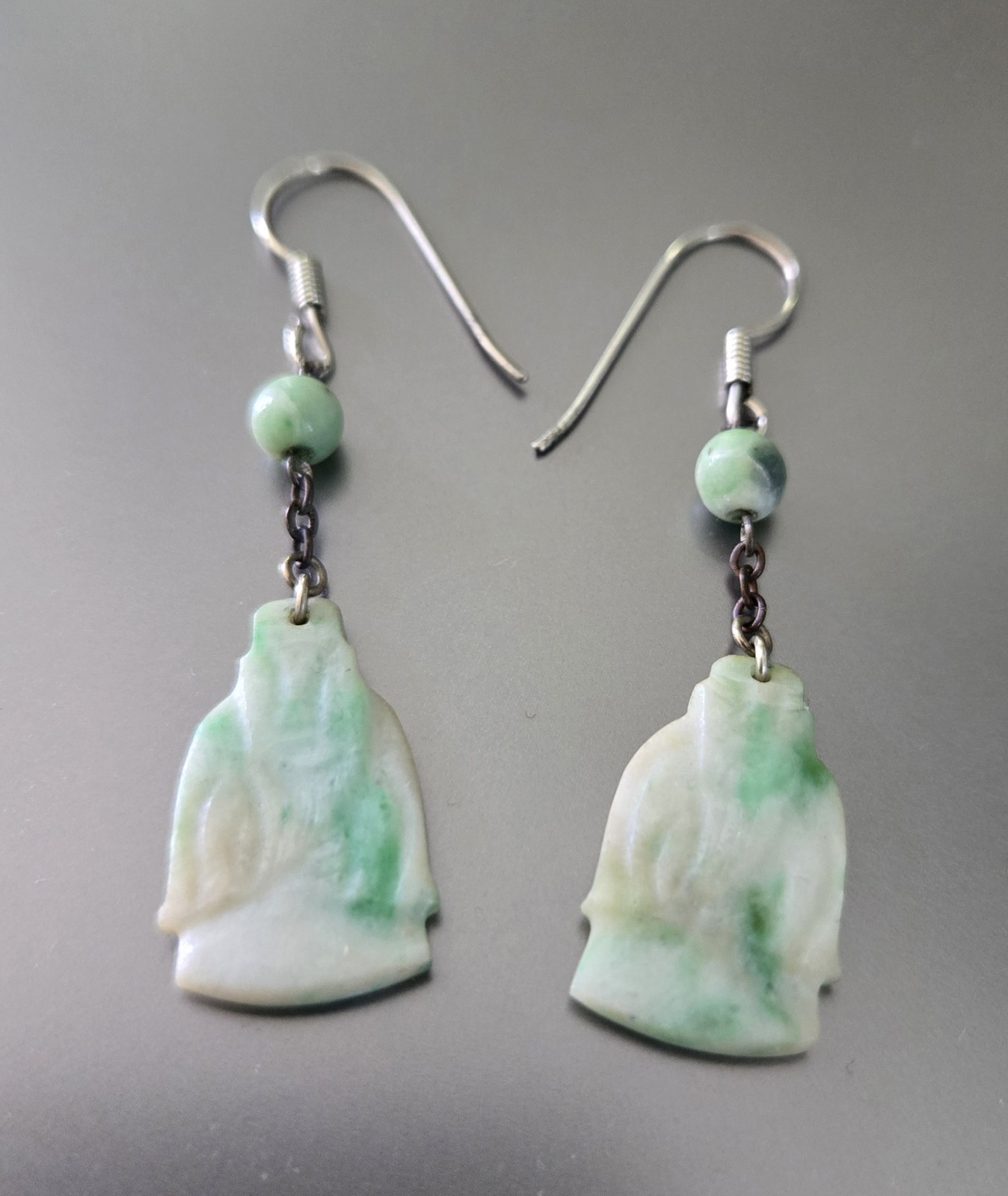 Antique Old Chinese Carved Jade figural Buddha Dangle Earrings Silver Wire