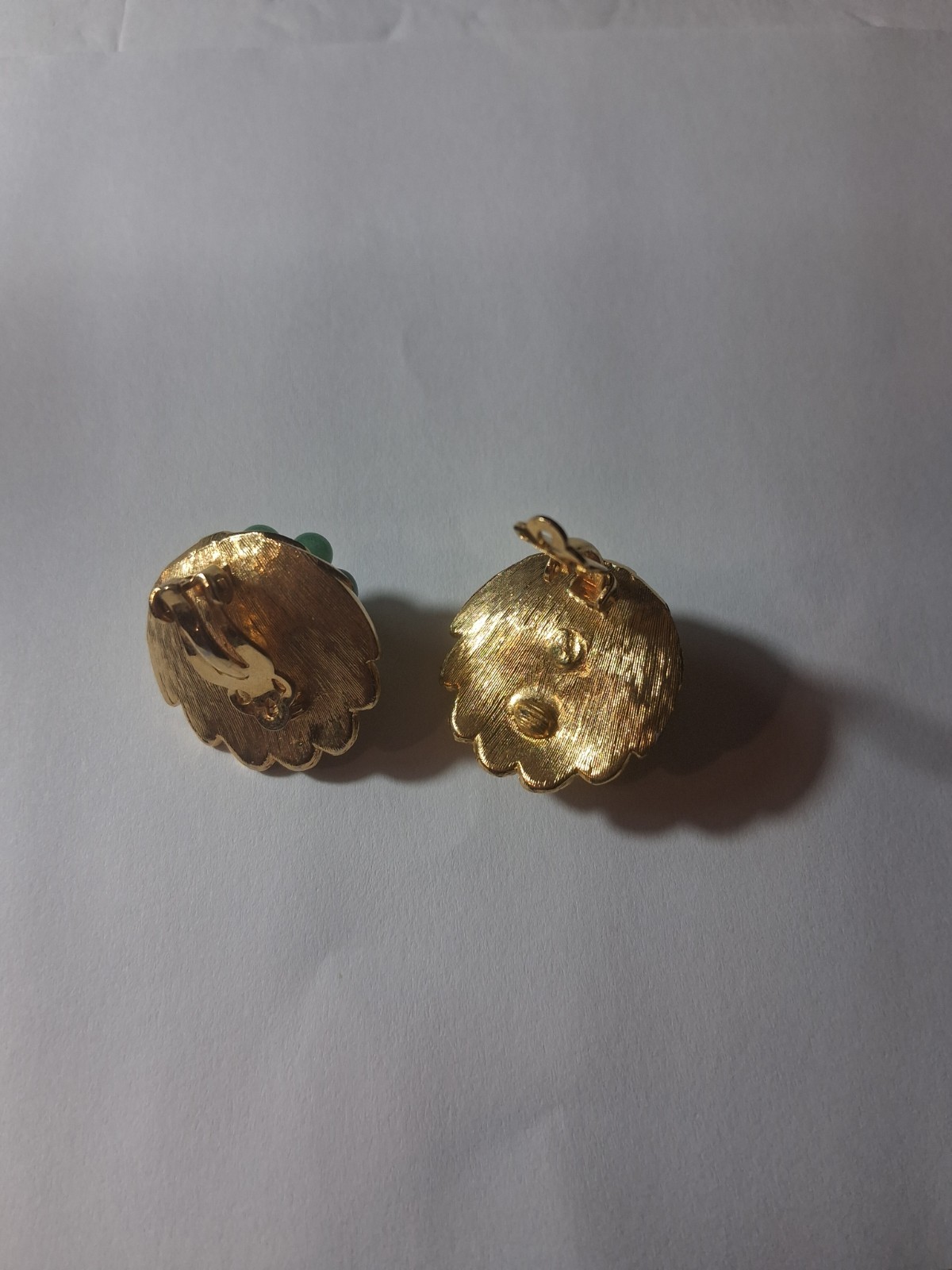 Vintage TRIFARI Textured Gold Shell Earrings W/ Faux Jade Beads