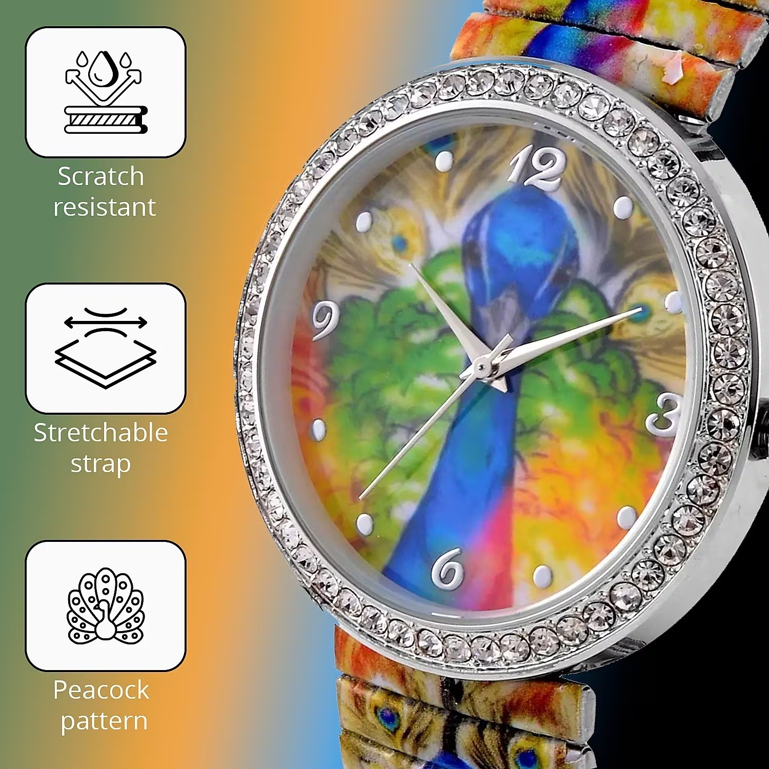 new NIB Strada austrian crystal Japanese movement bracelet watch peacock scarf