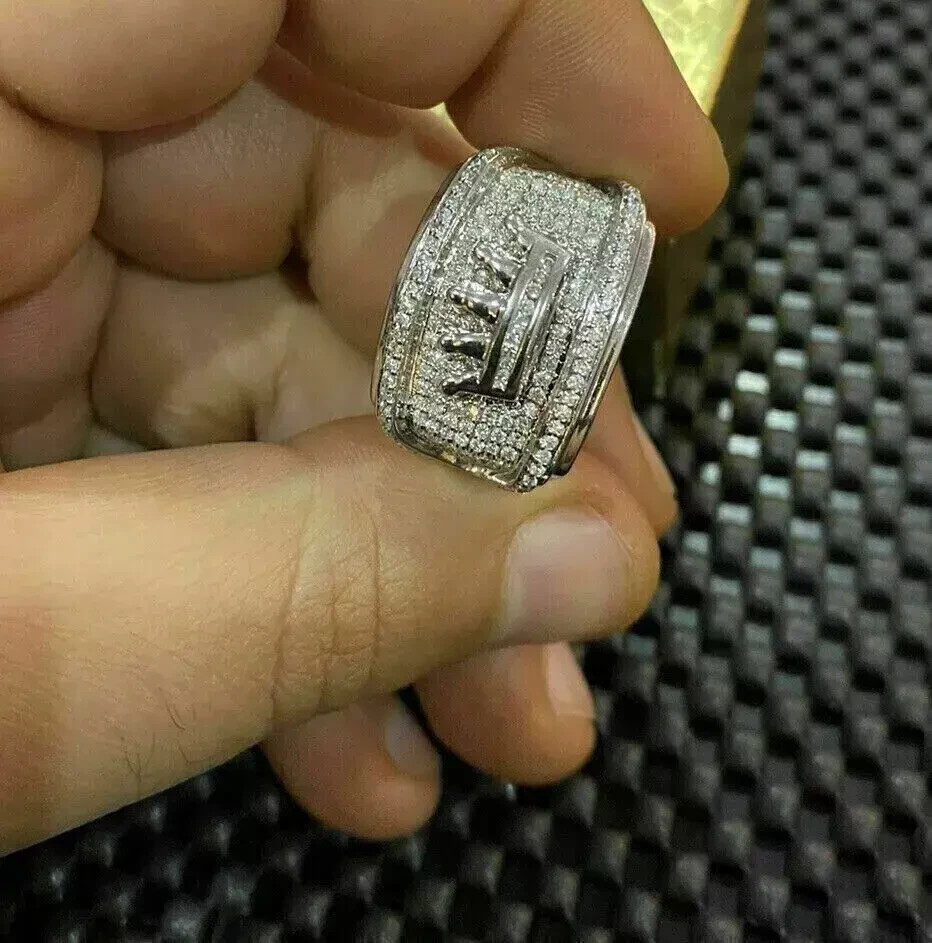 Men’s King Crown Band Pinky Ring 2 Ct Round Real Moissanite 925 Sterling Silver