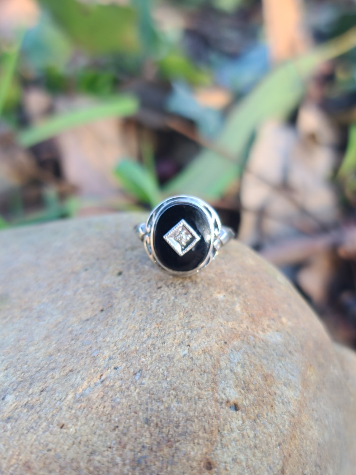 VTG 10k Solid White Gold Diamond Black Onyx Art Deco Ring 4.75sz Signed 3.29gr