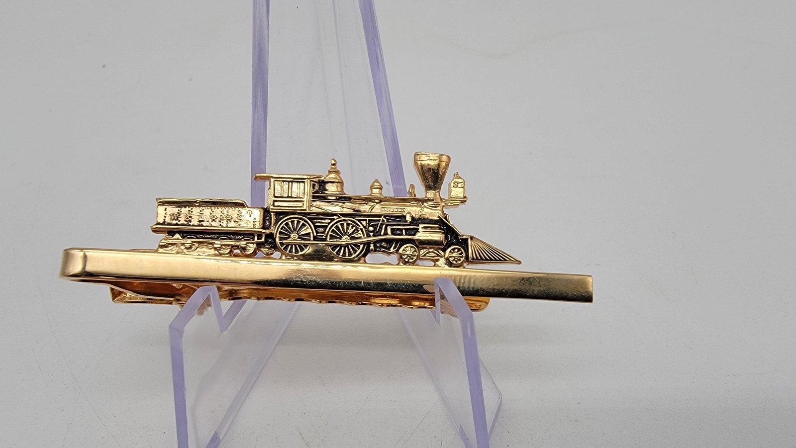 Gold Tone Train Locomotive Tie Bar Clip Mens Railroad Engine 2.5in Accessory