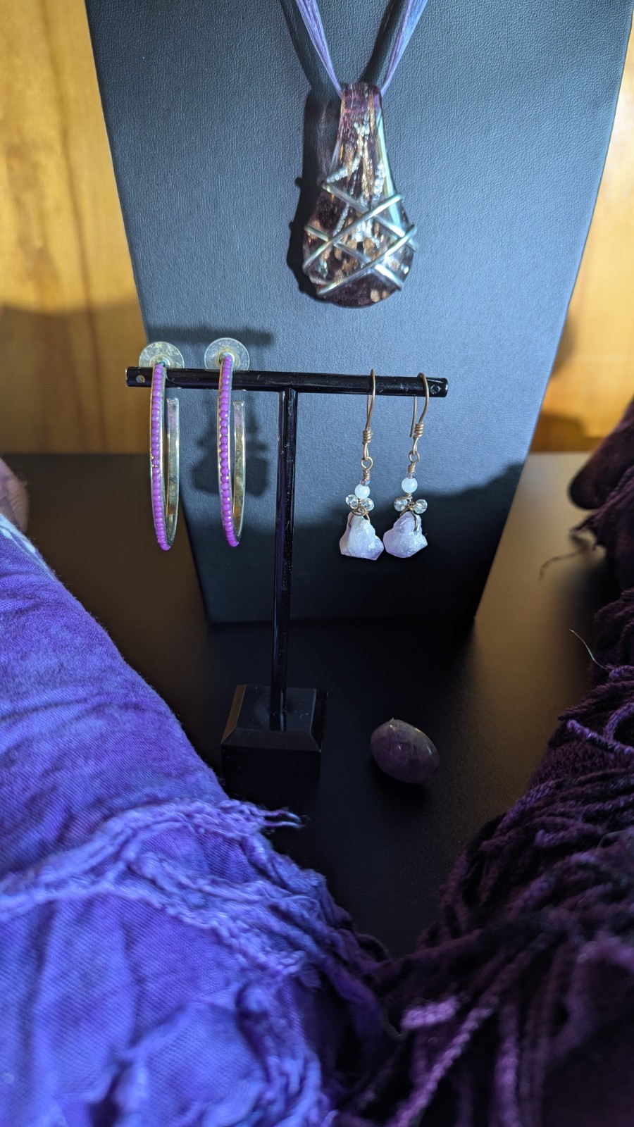 Purple Accessory Lot – 4 Scarves, Necklace, 2 Earrings, & Stone