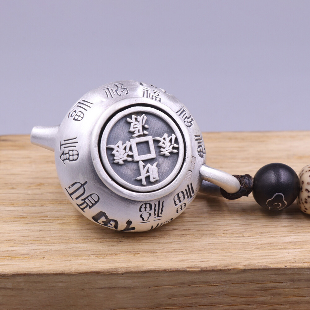 Pure S999 Fine Silver 999 Handmade Lucky Fu Teapot Pendant 25-26g 36*25mm