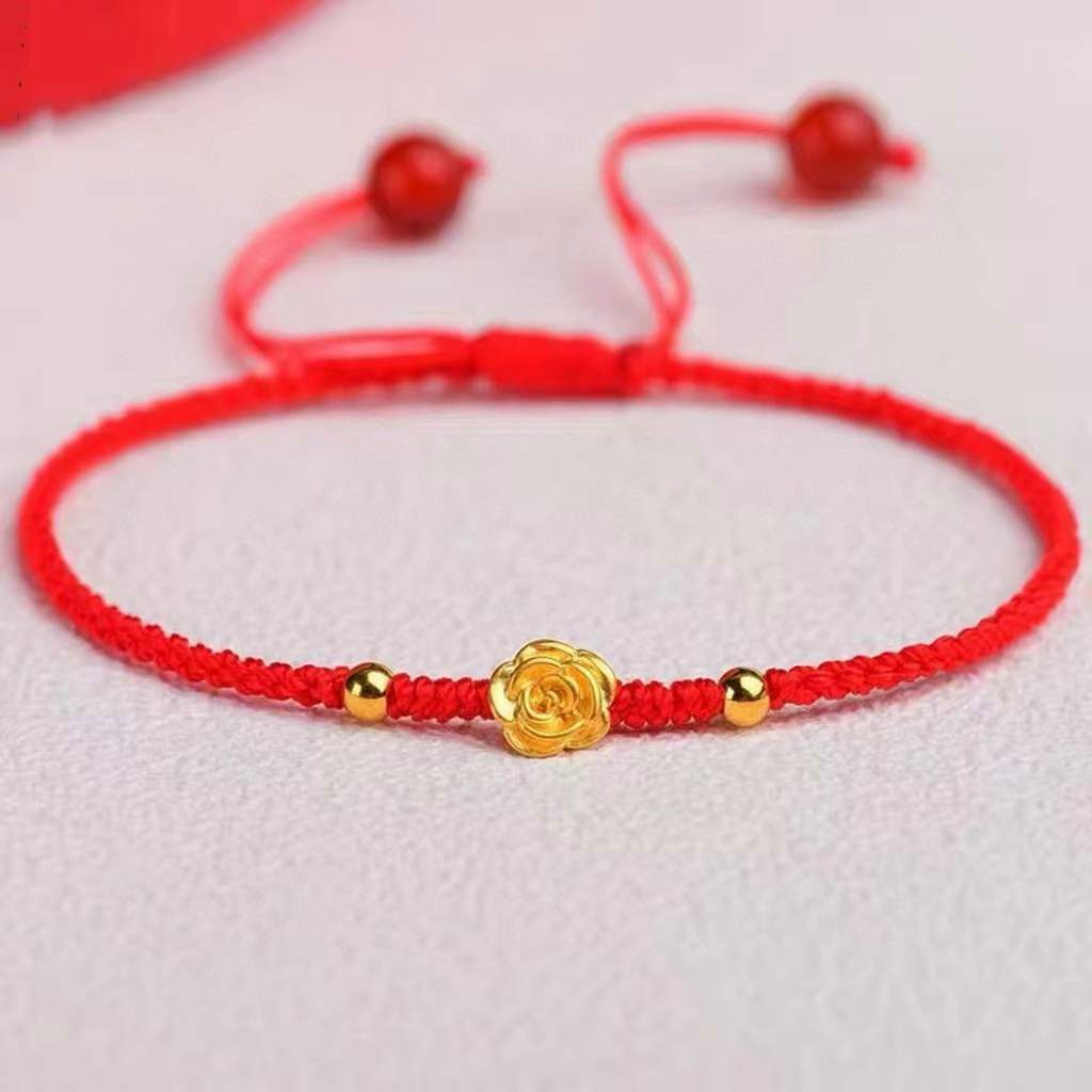 1pcs Pure 24K Yellow Gold Bracelet Women’s Rose Red String Amulet Bracelet