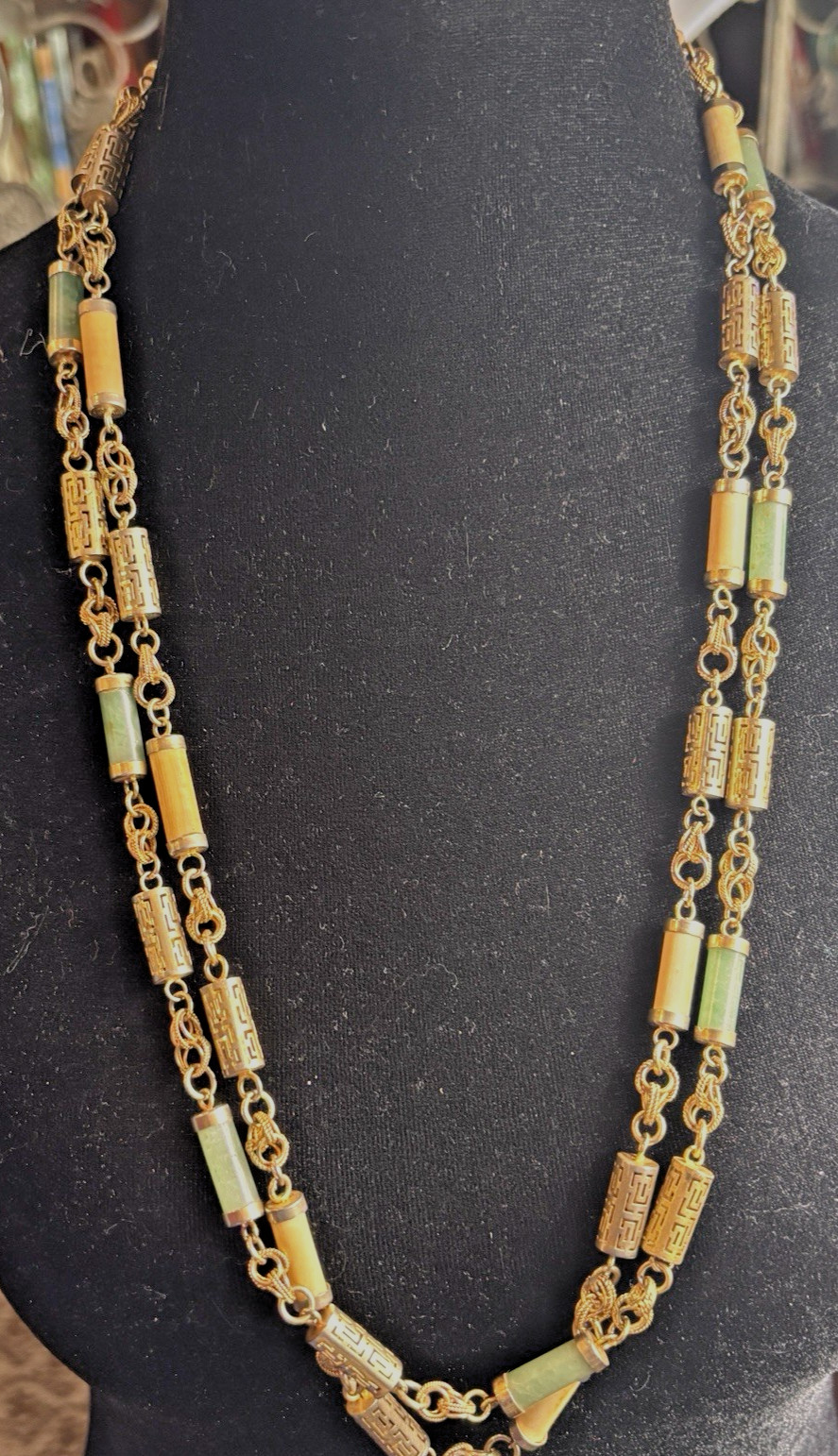 Pair Chinoiserie Style Gold Tone Jade Necklaces Ornate 29” Philippine