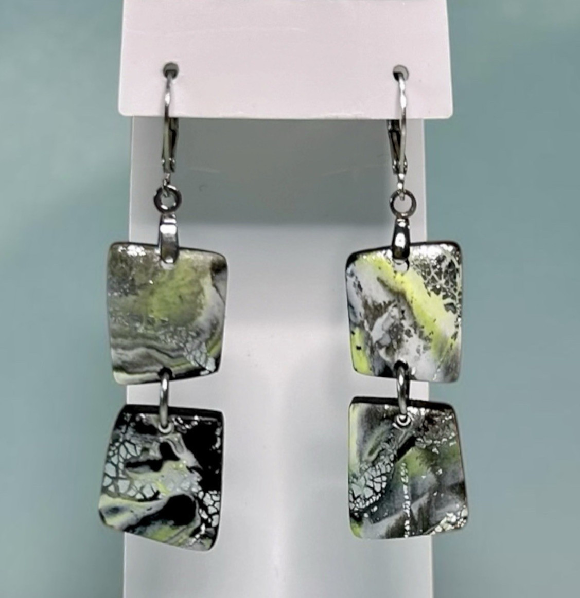 Green Black Silver Marbled Print Handmade Polymer Clay Dangle Earrings SS Wires