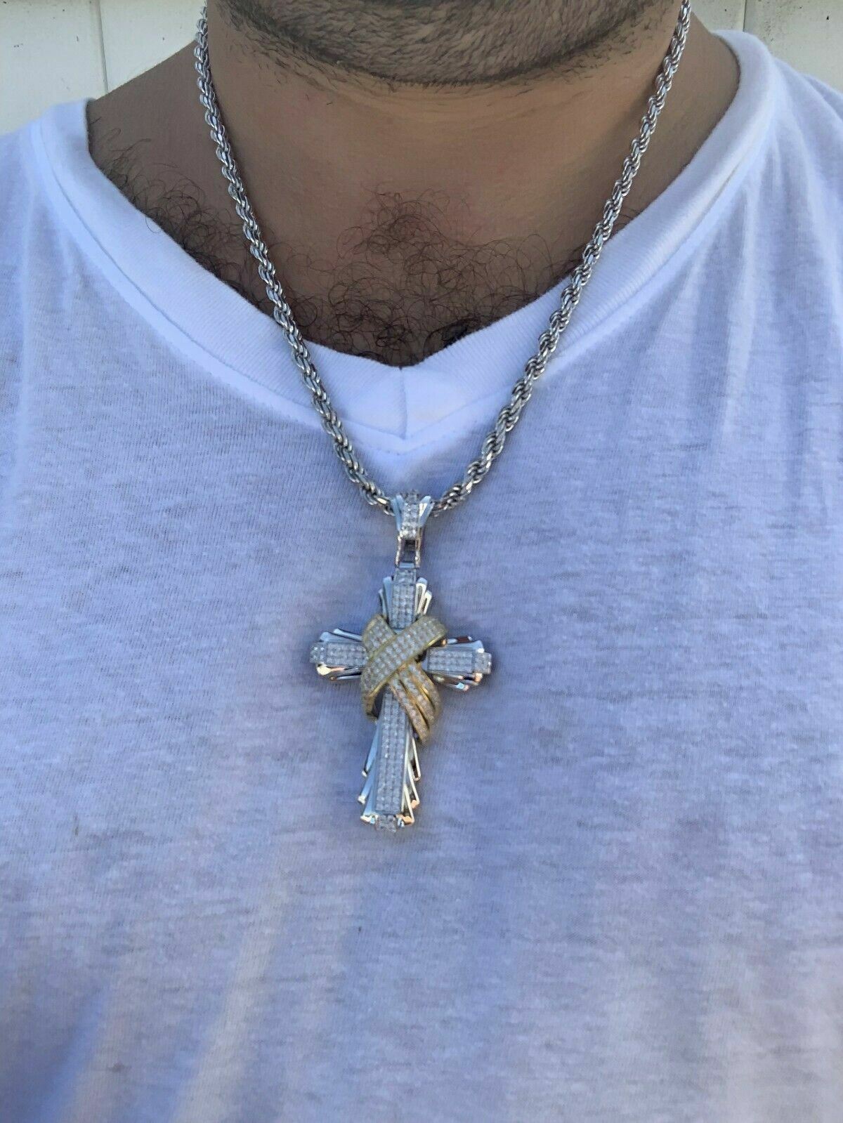 Mens Large Cross Pendant Solid 925 Sterling Silver 14k Gold Plated ICY HipHop CZ