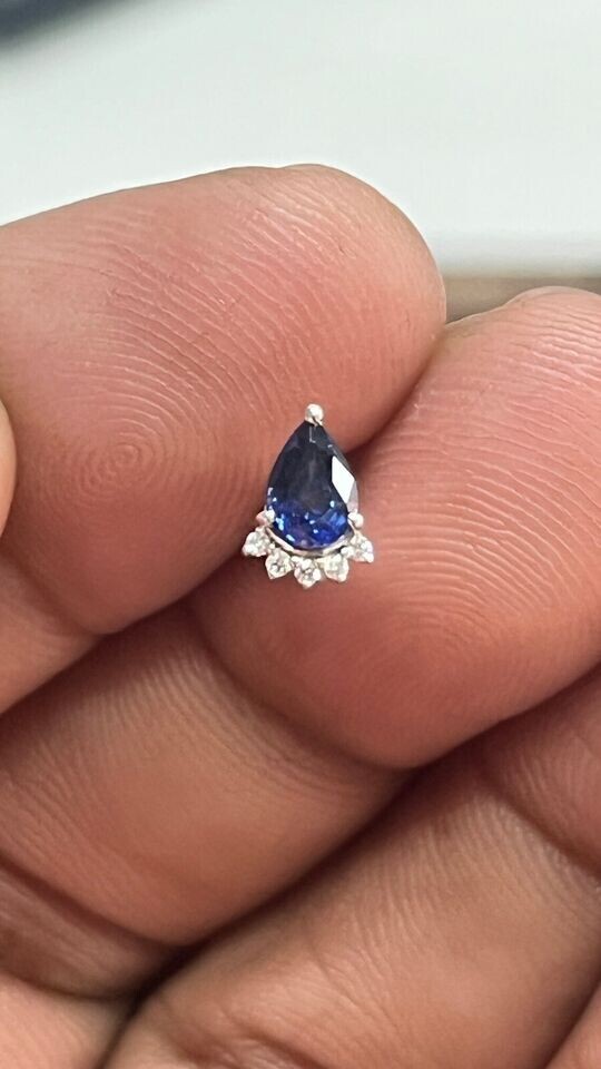 Pear Cut Natural Sapphire & Diamond Solitaire Piercing Stud Pin 14K Yellow Gold