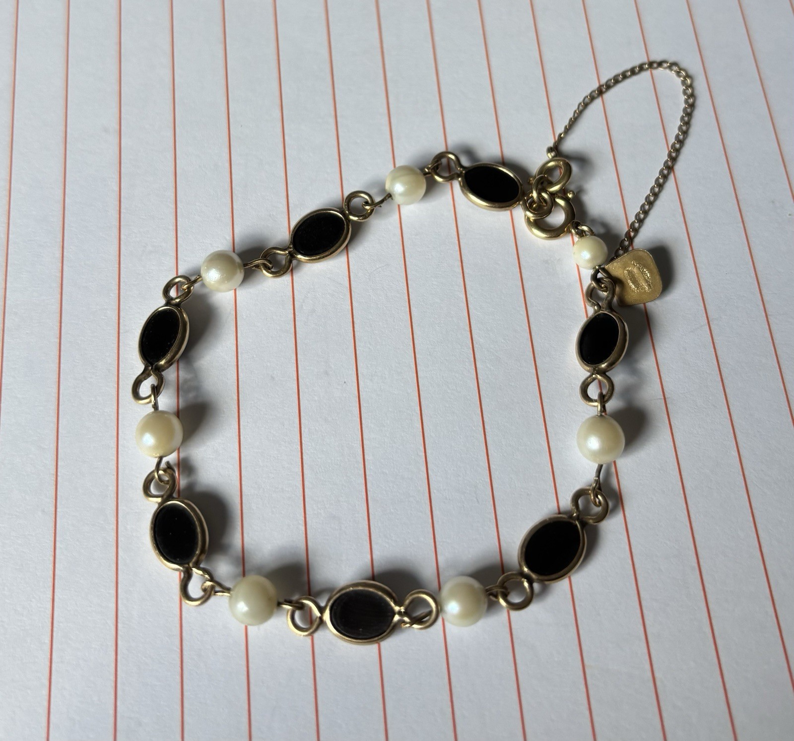 Vintage Gold Filled 1/20 12K GF Bracelet, Black Stones, Pearls, Stamped D’ABROS