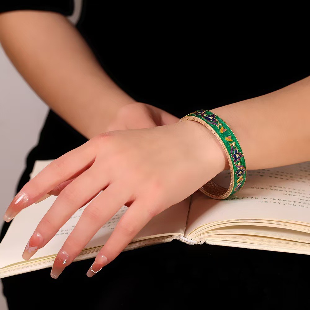 Pure S999 Fine Silver Bracelet 12mm Lucky Enamel Flower Bangle 34-35g ID:60mm