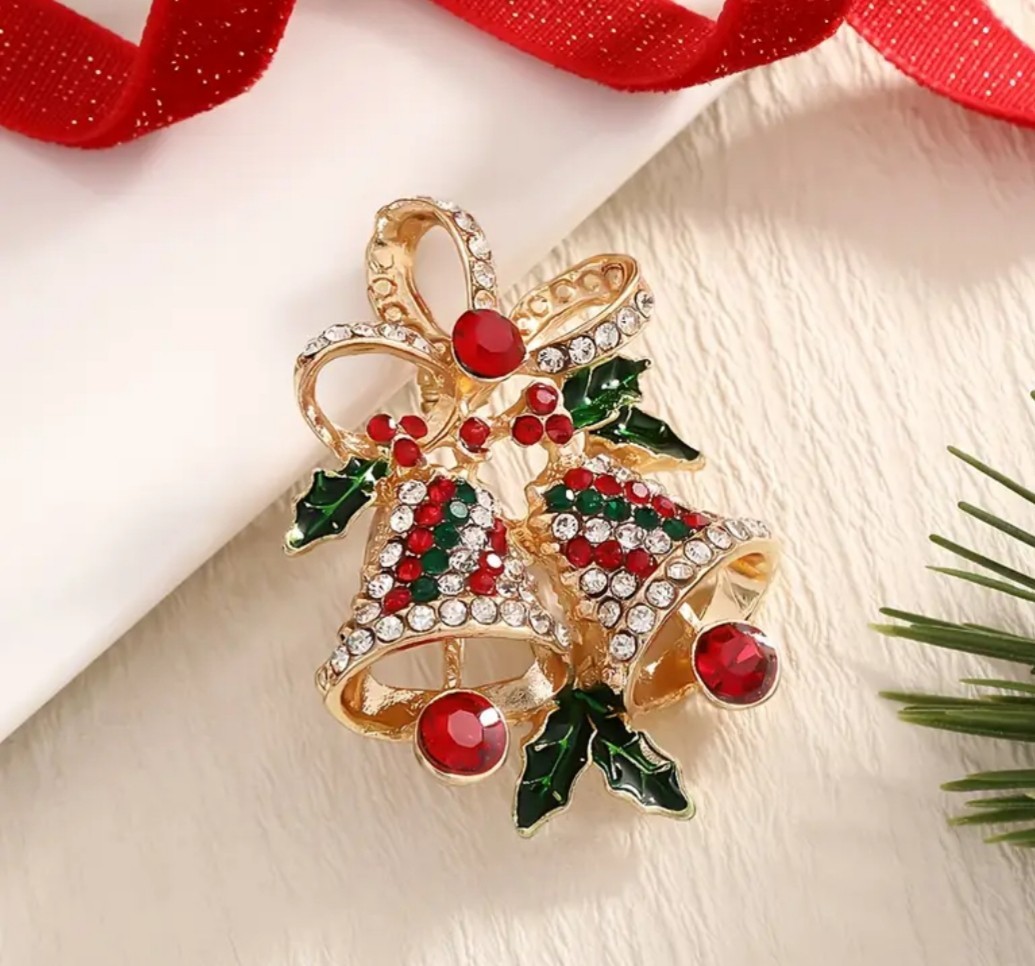 VINTAGE RED & GREEN RHINESTONE GOLD SLEIGH BELLS~CHRISTMAS WINTER PIN BROOCH