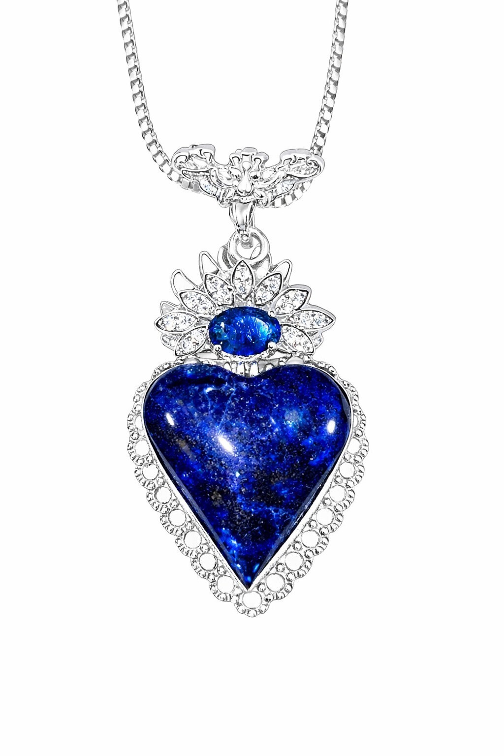 Amazing Azurite Heart Cabochon Necklace on SP Setting and Sterling chain 309