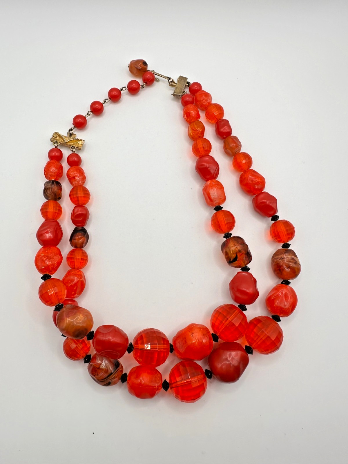 Gorgeous Signed Coro 2 Strand Beaded Choker Necklace Lucite Vintage Red Orange