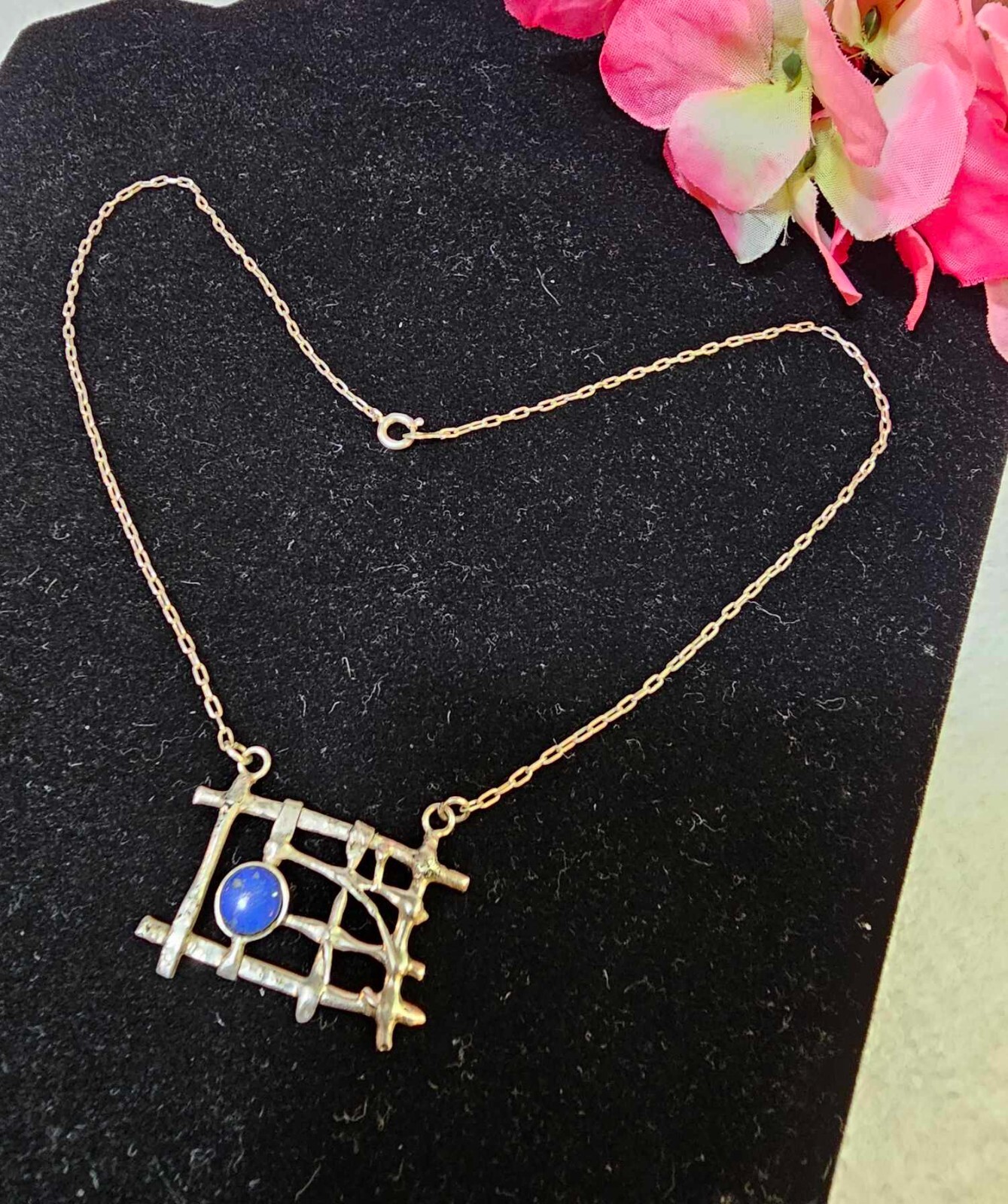 900 silver necklace w/ rectangular abstract pendant w lazuli lapis 16in”- B40
