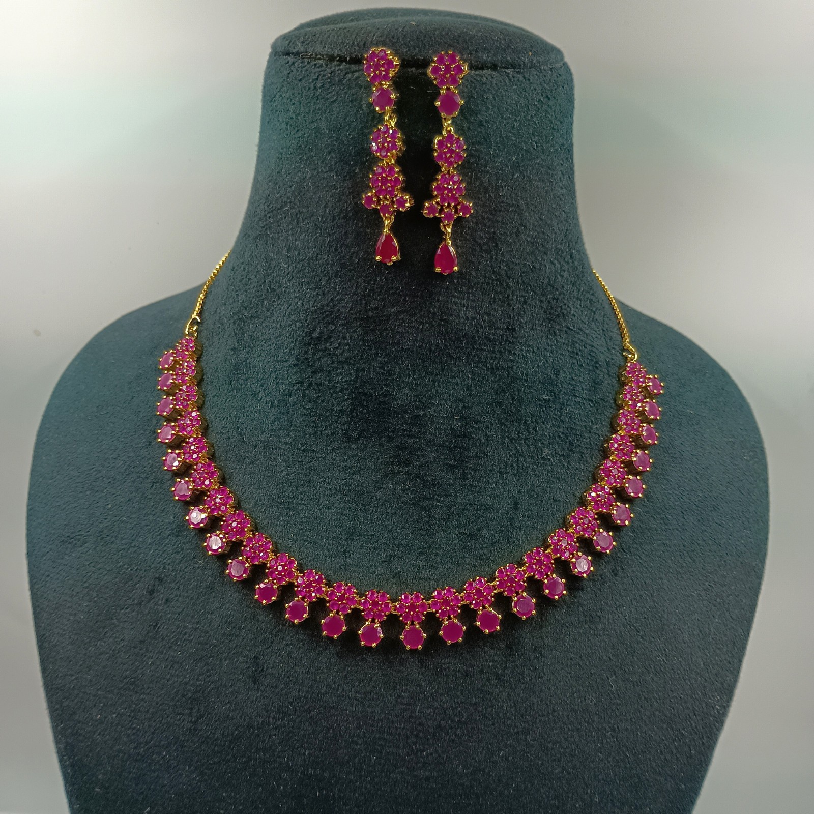 Indian 22k Gold Plated Ruby Floral Statement Necklace Set Wedding Jewelry
