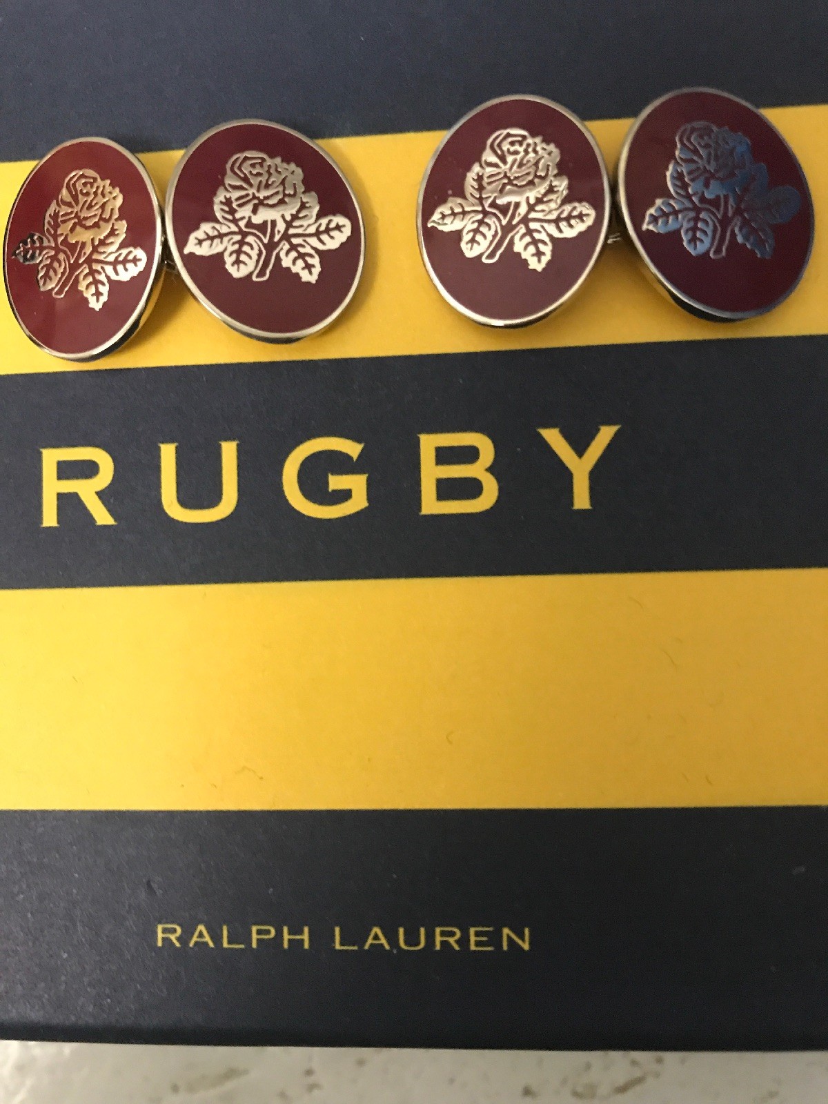 Polo Ralph Lauren Rugby Men Vintage Inspired Collegiate Rose Cufflink Red Silver