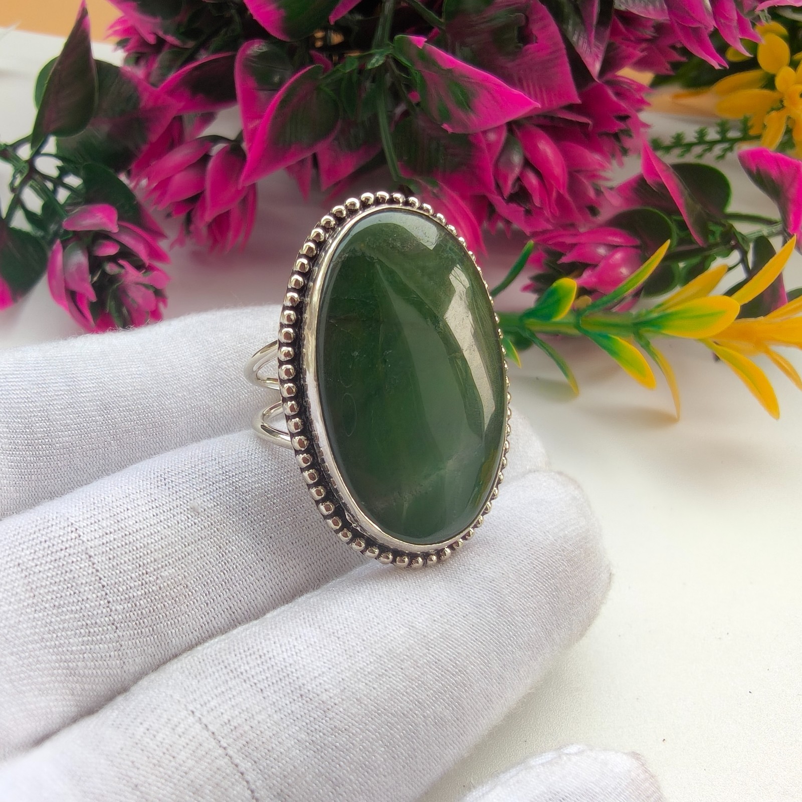 Green Jade Oval Stone Gemstone 925 Silver Handmade Statement Ring Jewelry