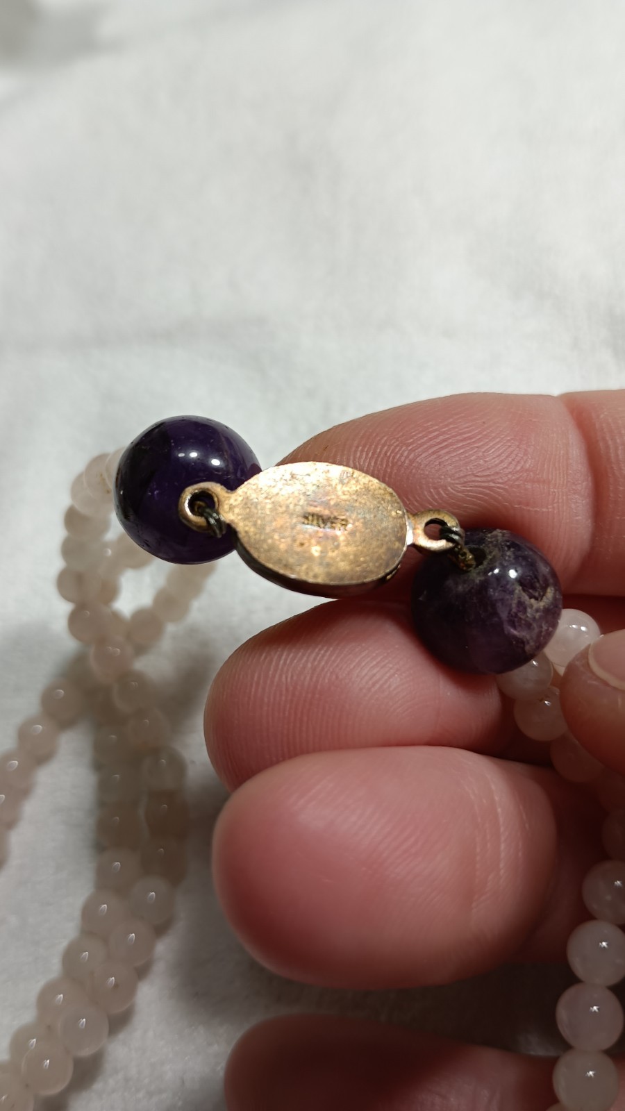 Vintage Chinese Rose Quartz Carved Amethyst Stone Beaded Necklace Silver Clasp
