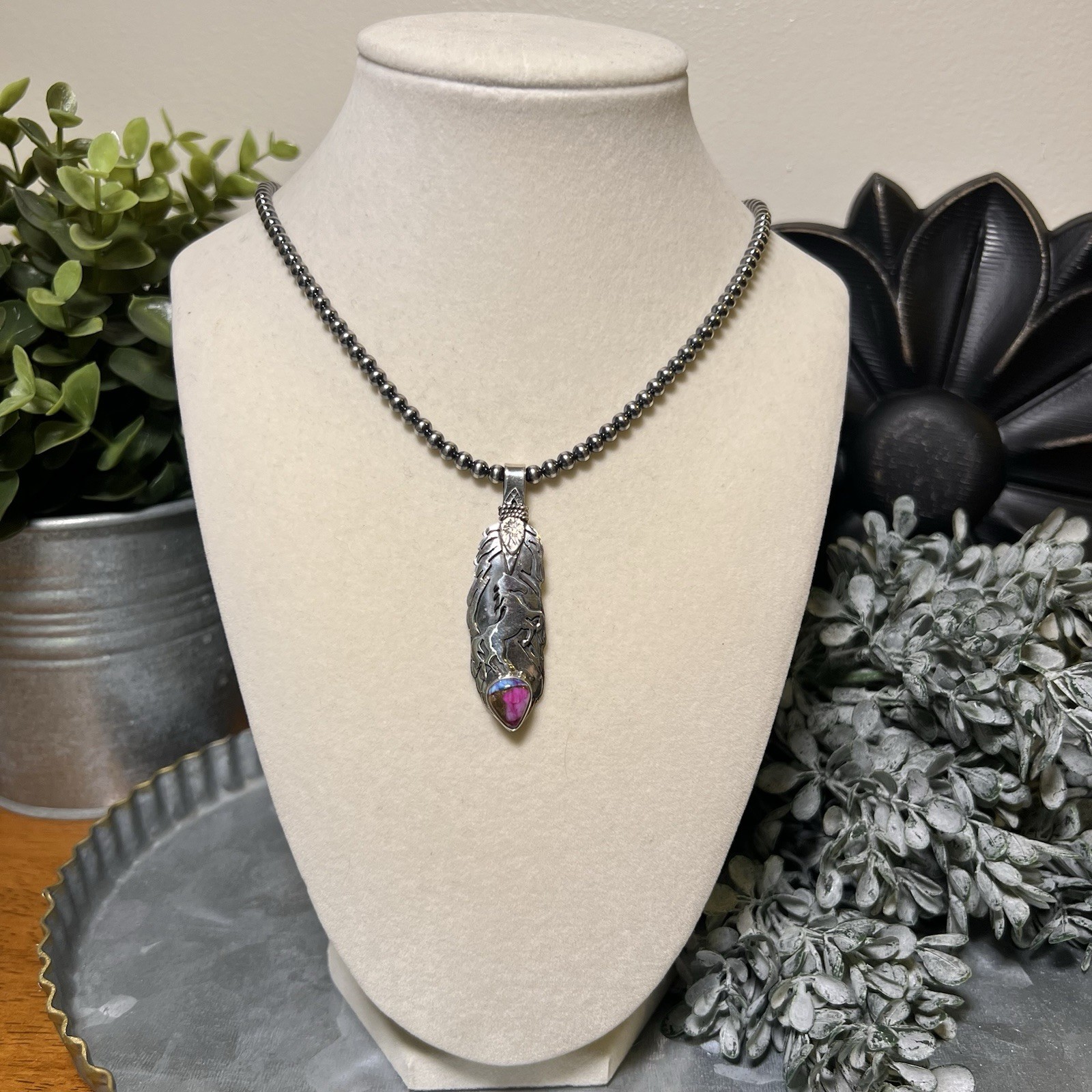 925 Sterling Silver Horse Feather Pendant | Dahlia | Solid Back | Southwestern