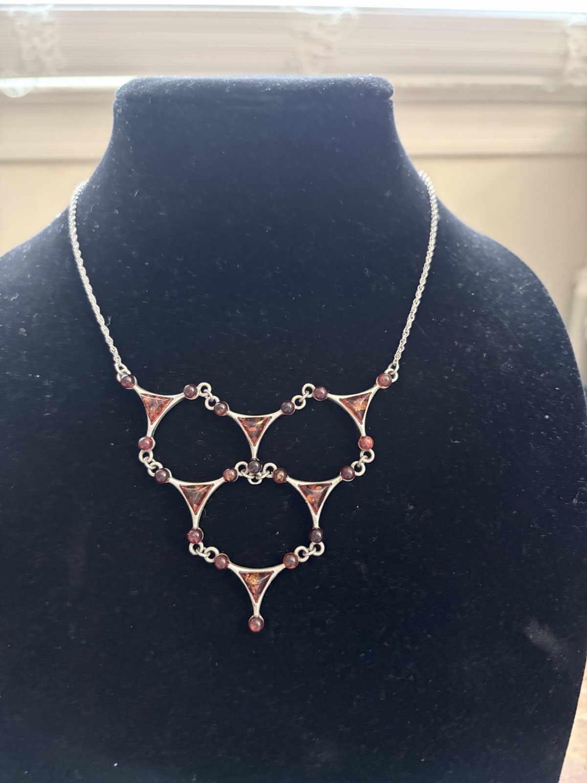 Vtg Sterling Silver Burgundy Bib Triangular 925 Necklace, Bracelet Earrings Set