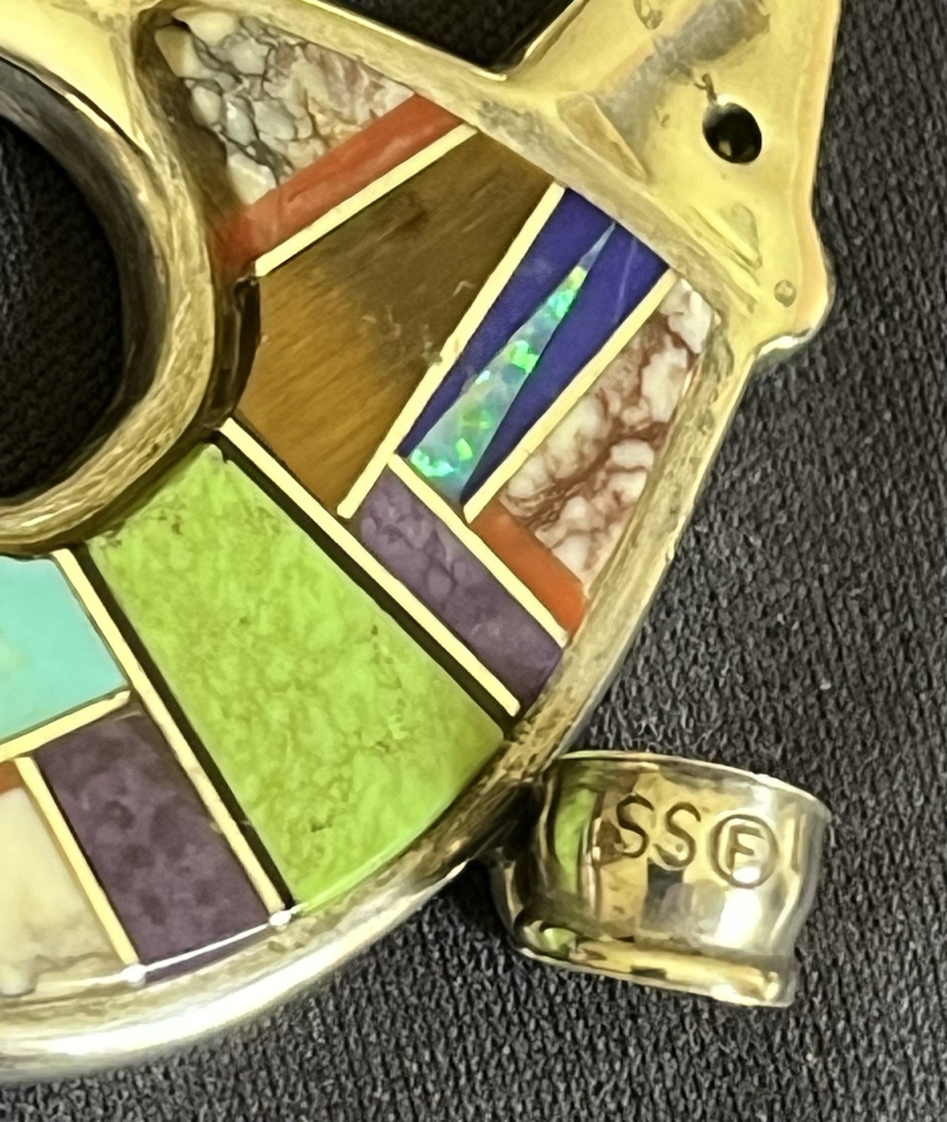 Calvin Begay Signed 925 Sterling Silver Multi Stone Inlay Bear Charm Pendant