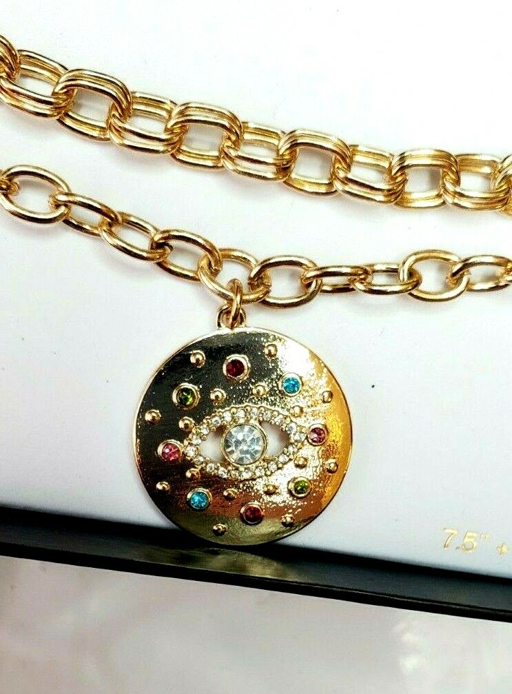 Christian Siriano New York Double Link Gold Bracelet W Rhinestone 7.5 Inches Eye