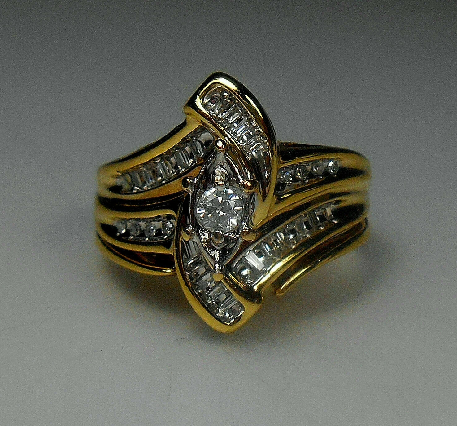 2 Ct Round Baguette Natural Moissanite Engagement Ring Yellow Gold Plated Silver