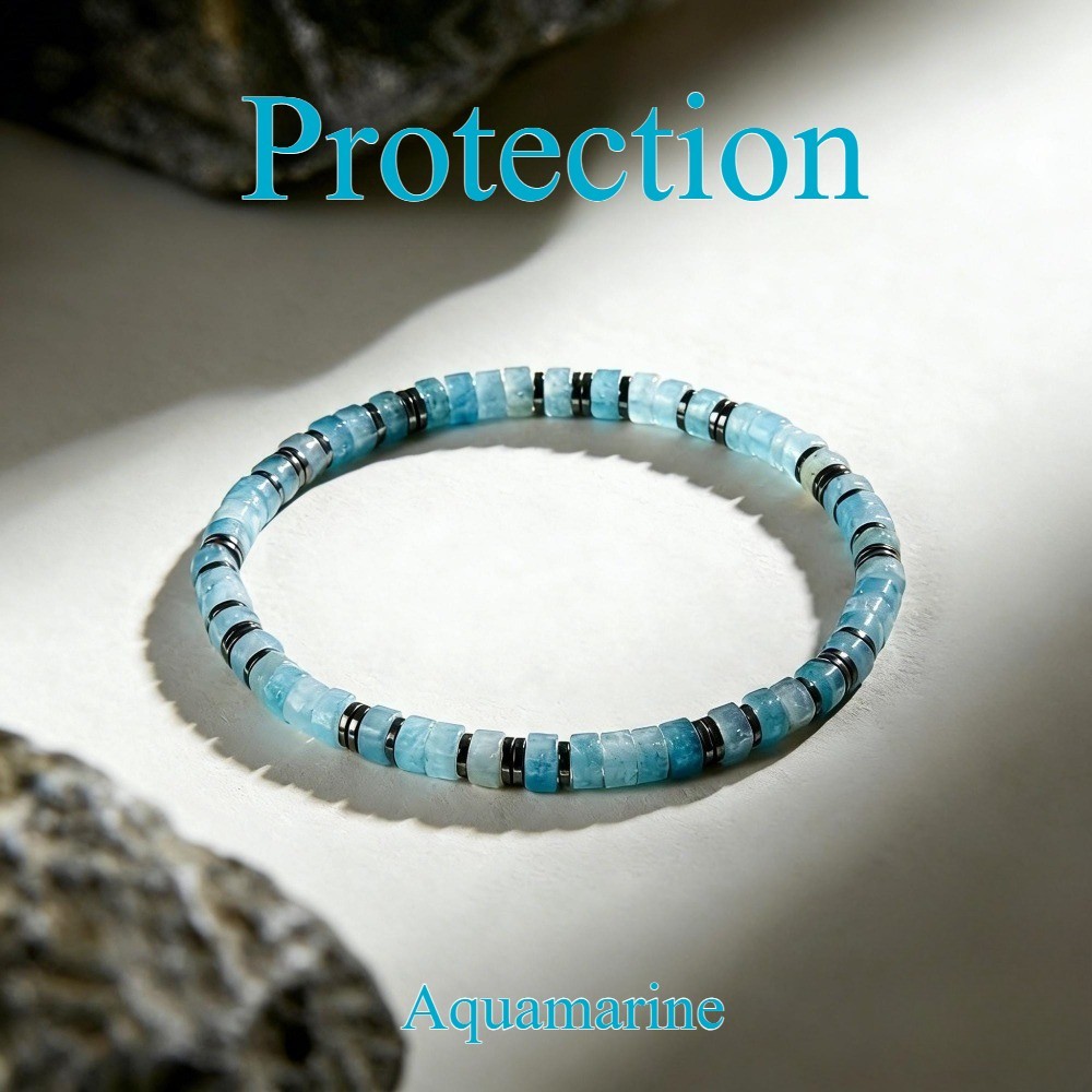 Genuine Aquamarine Hematite Protection Bracelet Healing Wealth Women Men Jewelry