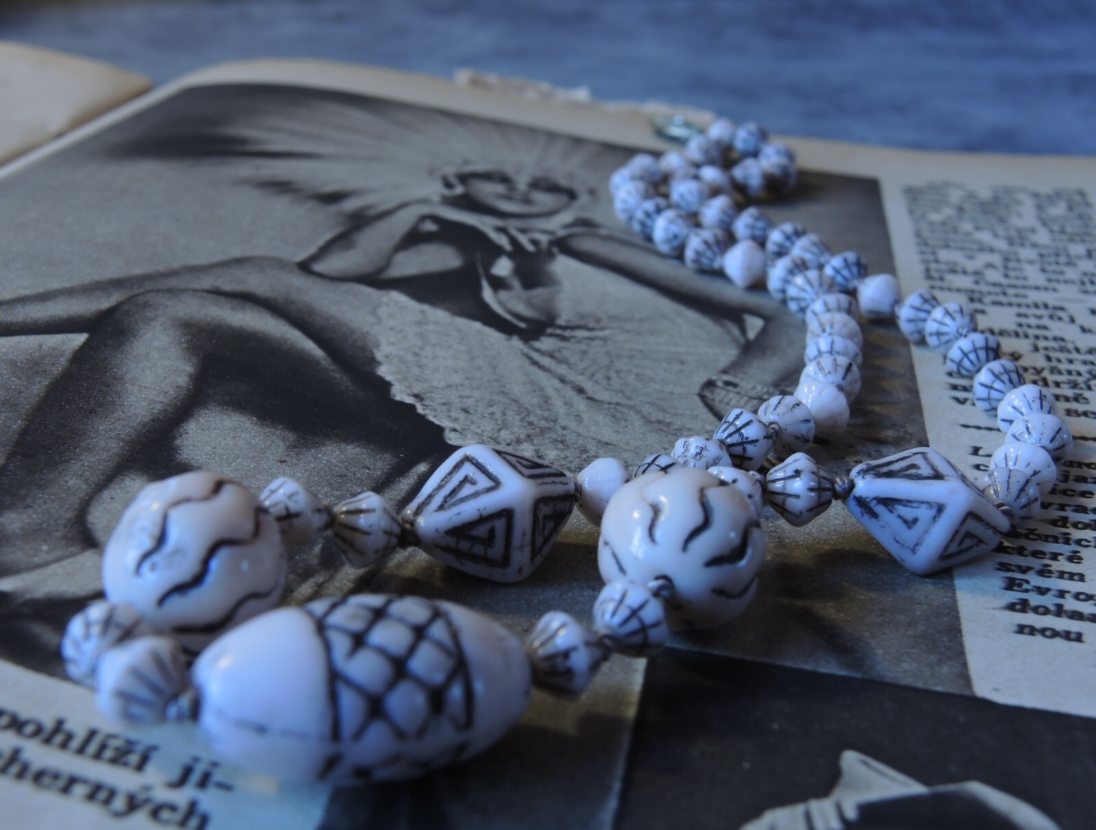 Rare Antique Czech Bohemian Molded Cream Glass Beads Necklace, Knotted