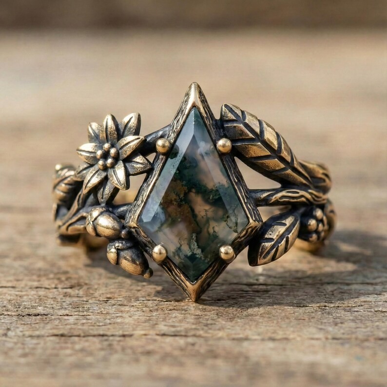 Kite Cut Moss Agate Floral Ring – Nature Inspired Gold or Silver Ring