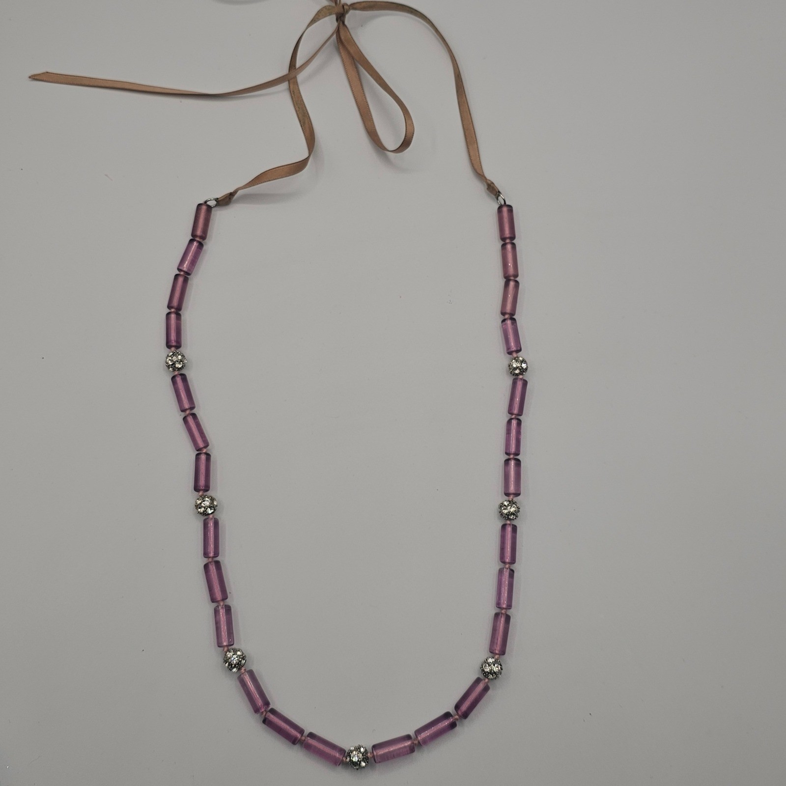 Lavender Purple Tube Bead Ribbon Tie Necklace Rhinestone Bead Spacers Coquette