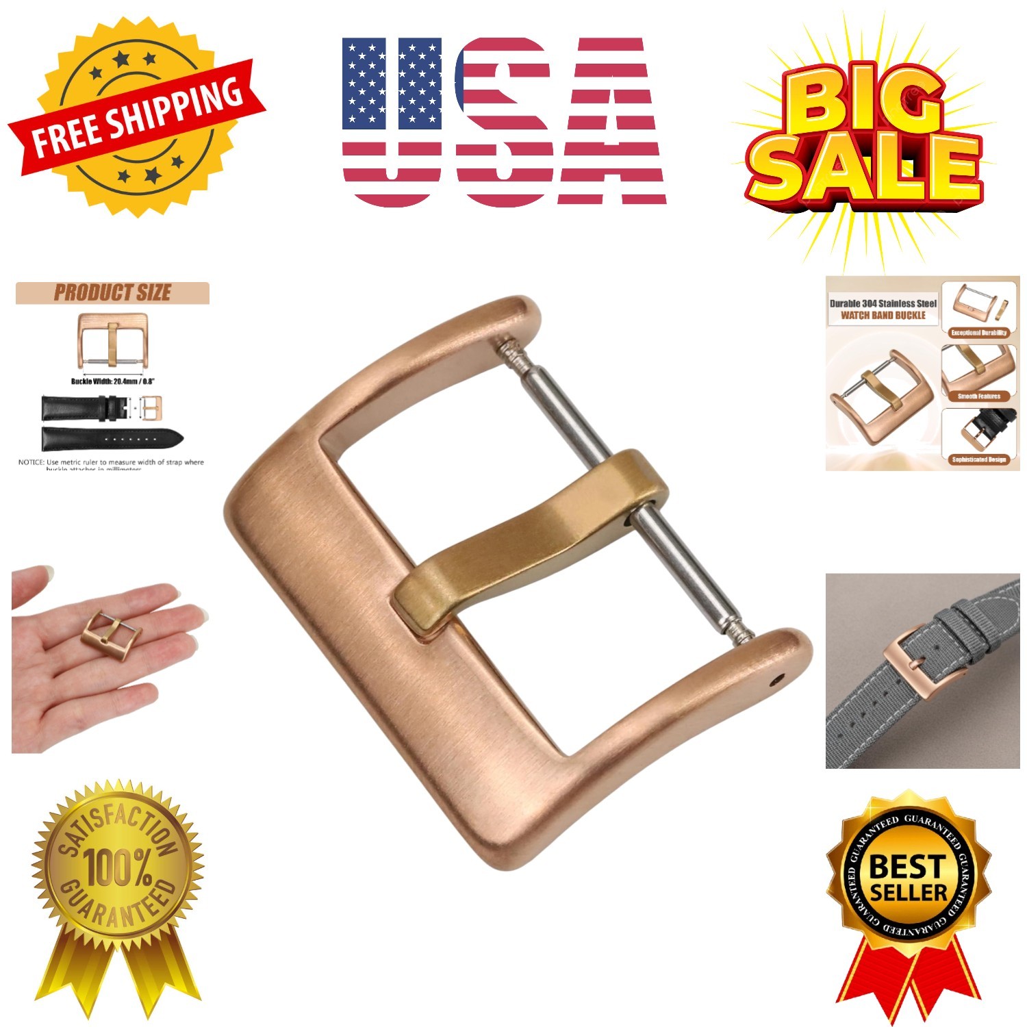 Bronze Watch Strap Buckle 20mm, Tongue Buckle with Spring Bars, Watch Bands C…