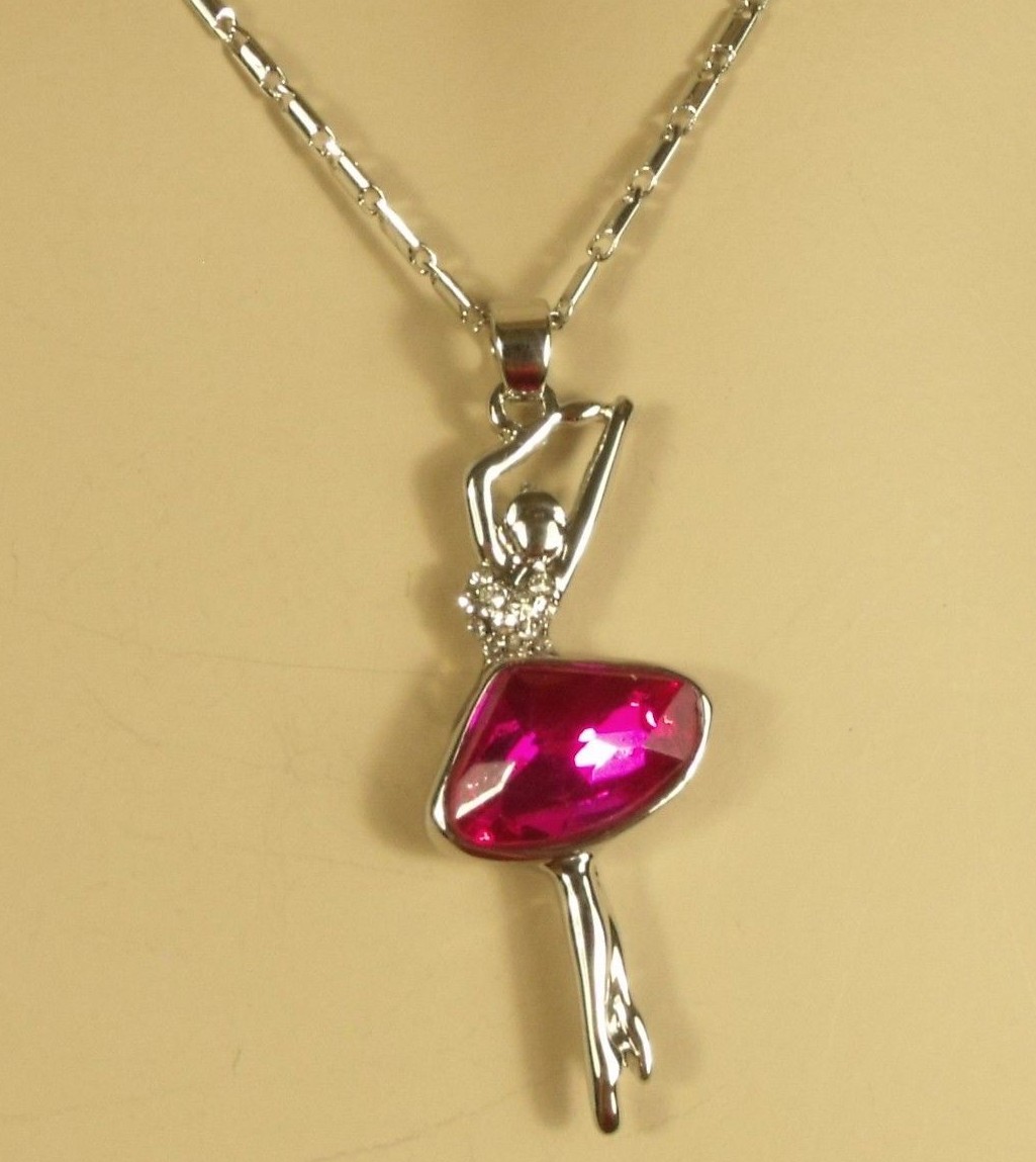 White Gold Hot Pink Crystal Ballerina Ballet Dancer Pendant 15 1/2 in. Necklace