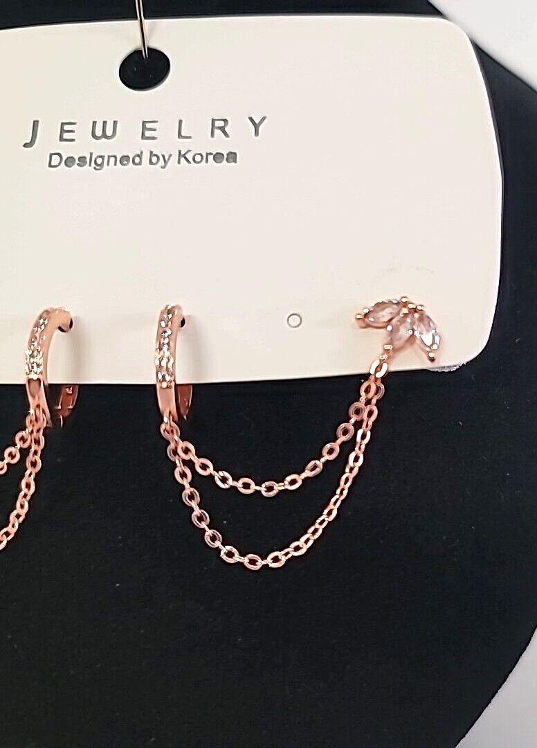 Jewelry Designed By Korea Rose Gold Tone Hoop w/ Chain To CZ Stud Post Earrings
