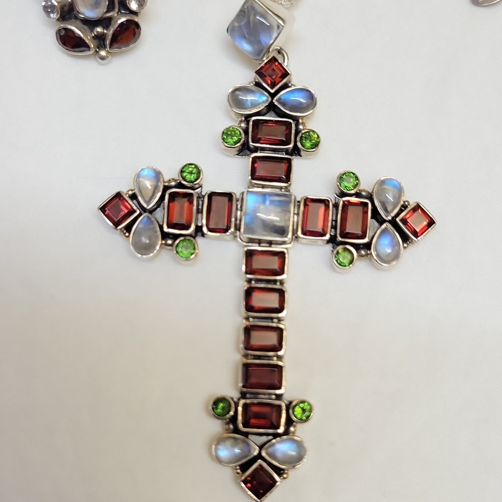 925 Sterling Silver Cross Pendant Necklace Garnet & Moonstone Box Chain Signed