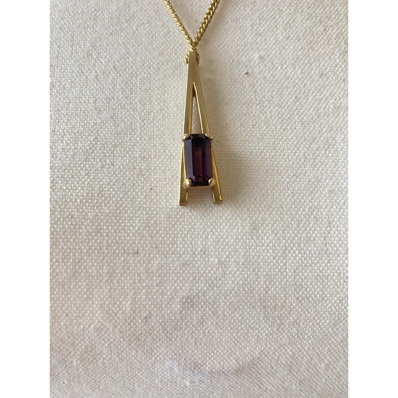 Vintage Avon Modernist Gold Tone Pendant Necklace Faux Amethyst 1970’s