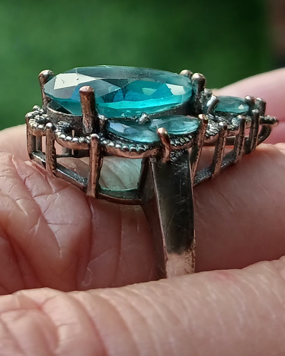 Vtg Cocktail Ring Aqua Blue Silverplate/ Silvertone Estate Ring Sz 7.75