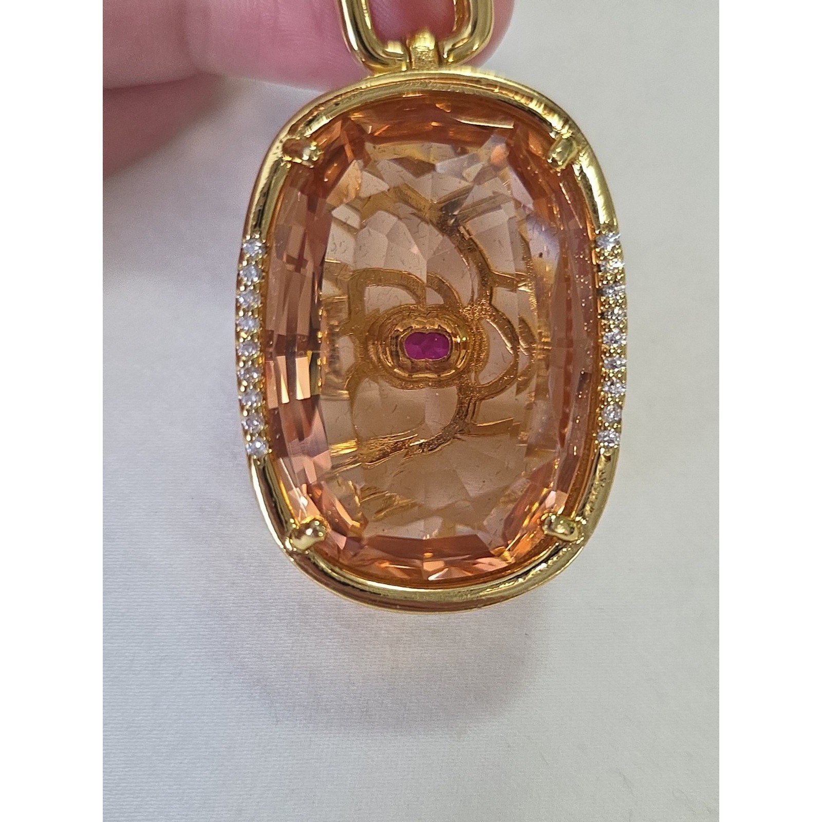 Large Light & Dark Pink Statement Pendant Reversible Floral Filigree Gold Tone