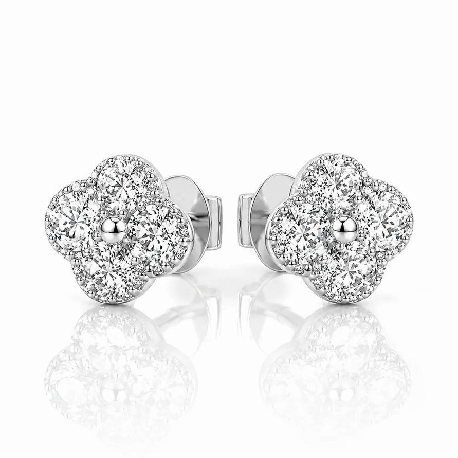 Flower Crystal Pavé Cluster Stud Earrings Silver Tone