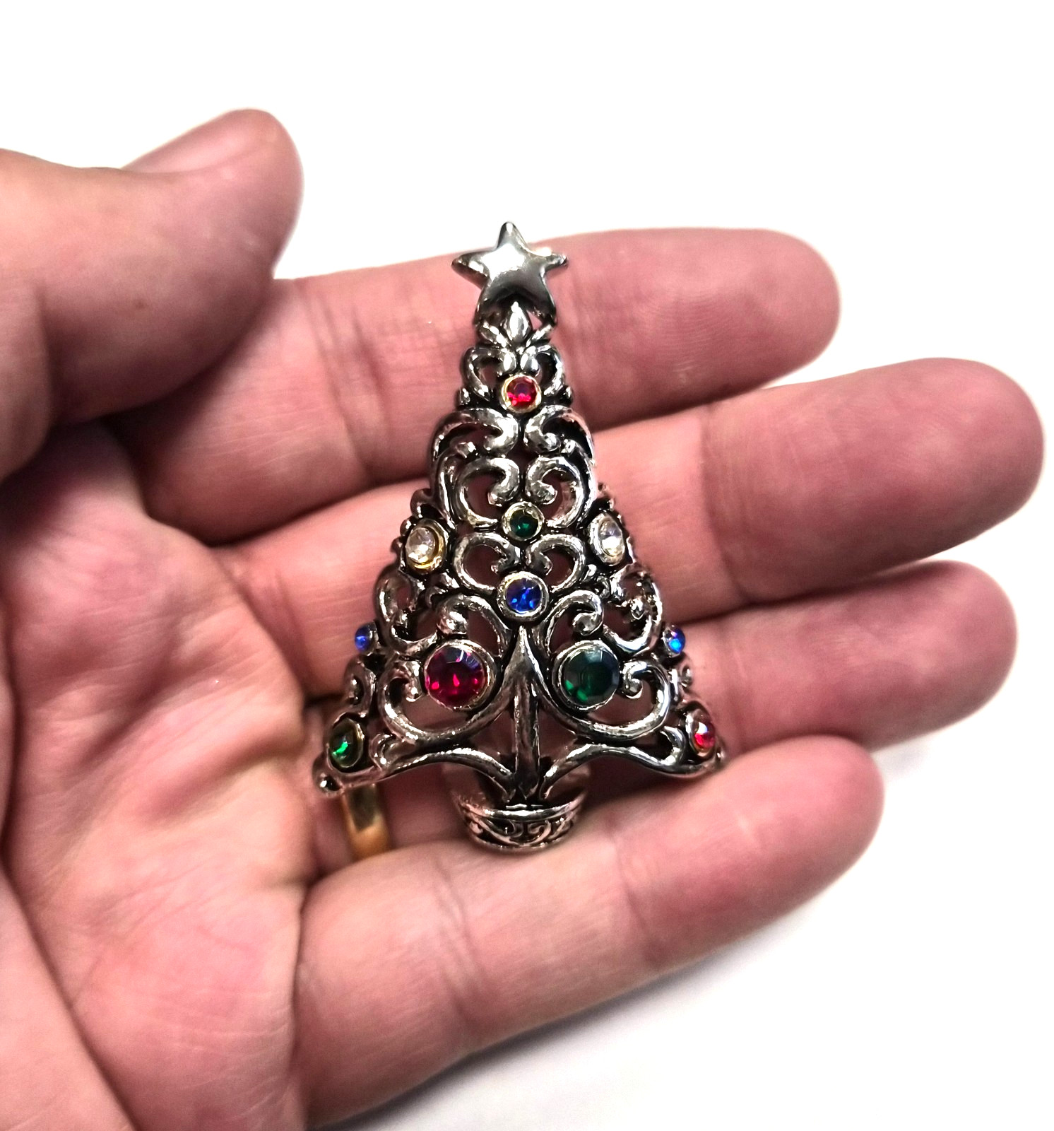 Estate Silver Tone & Rhinestone Christmas Tree Open Scroll Pendant Pin / Brooch