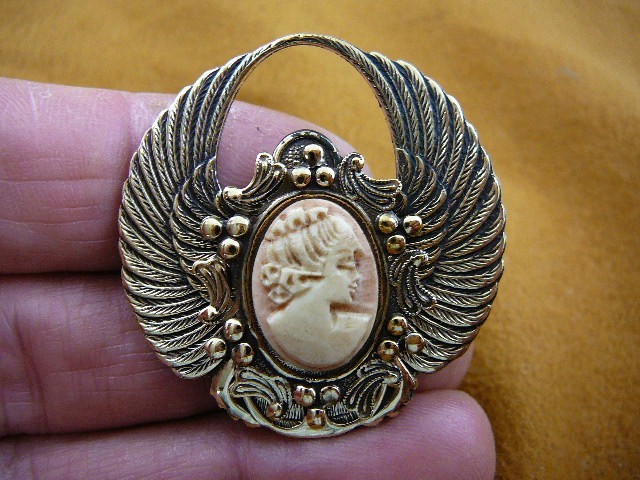 (CT15-51) TINY LADY looking down pink CAMEO ornate Pin pendant Brooch jewelry